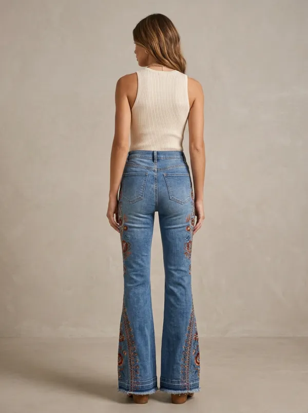 Women's Boho Floral Embroidered High Waisted Flare Jeans