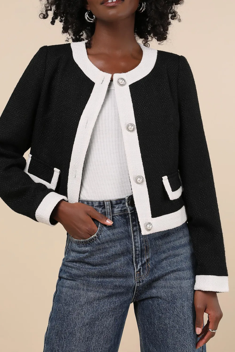 Casual Style Black and White Color Block Tweed Jacket