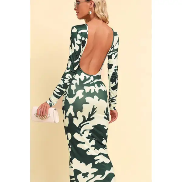 Printed Backless Long Sleeve Maxi Dress