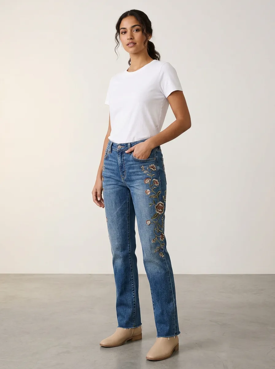 Women's Medium Wash Cactus Floral Embroidered Mid-Rise Five-Pocket Straight Leg Jeans