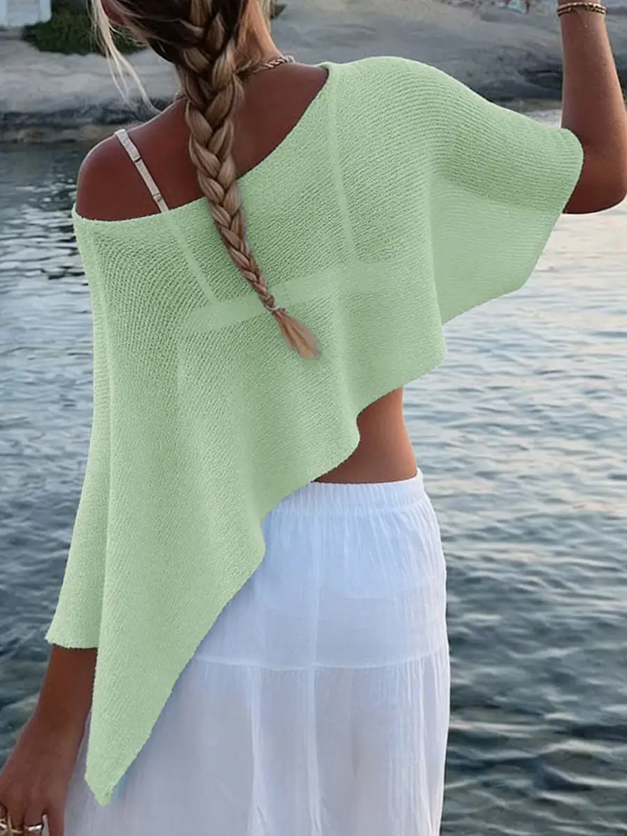 Sheer Detail Asymmetric One Shoulder Relaxed Fit Knit Cape