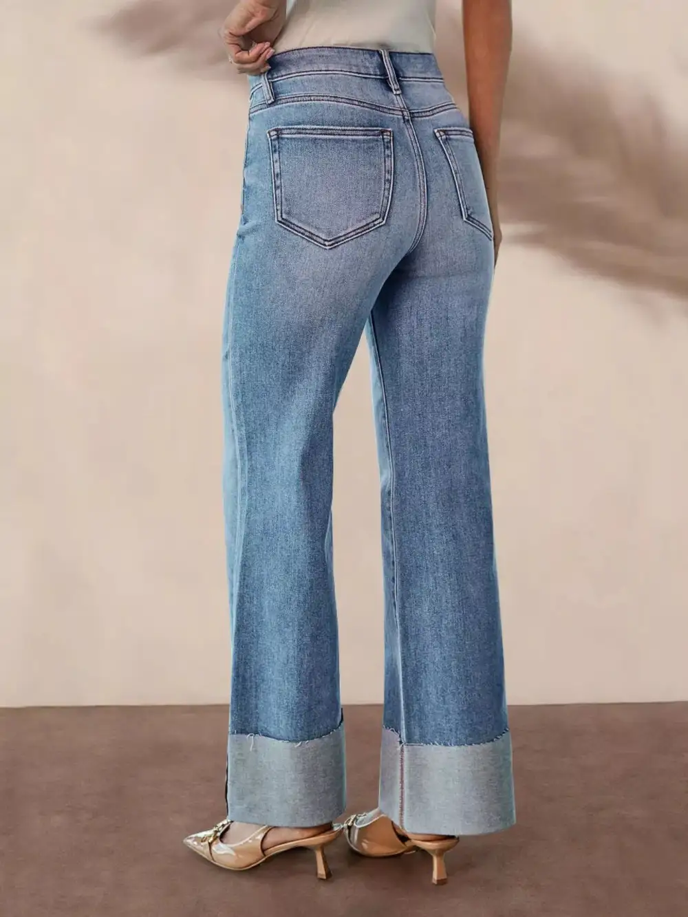 Distressed High-Waisted Flare Jeans Stretchy Denim Pants