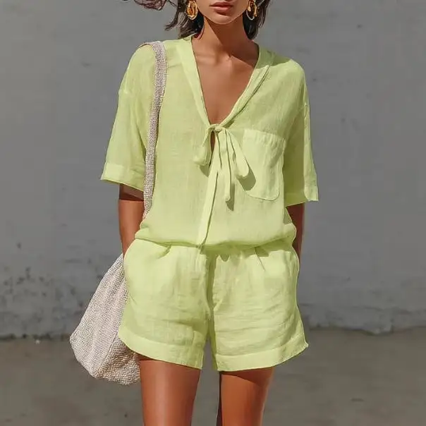 Short-Sleeve Stretch Checked Women's Matching Set