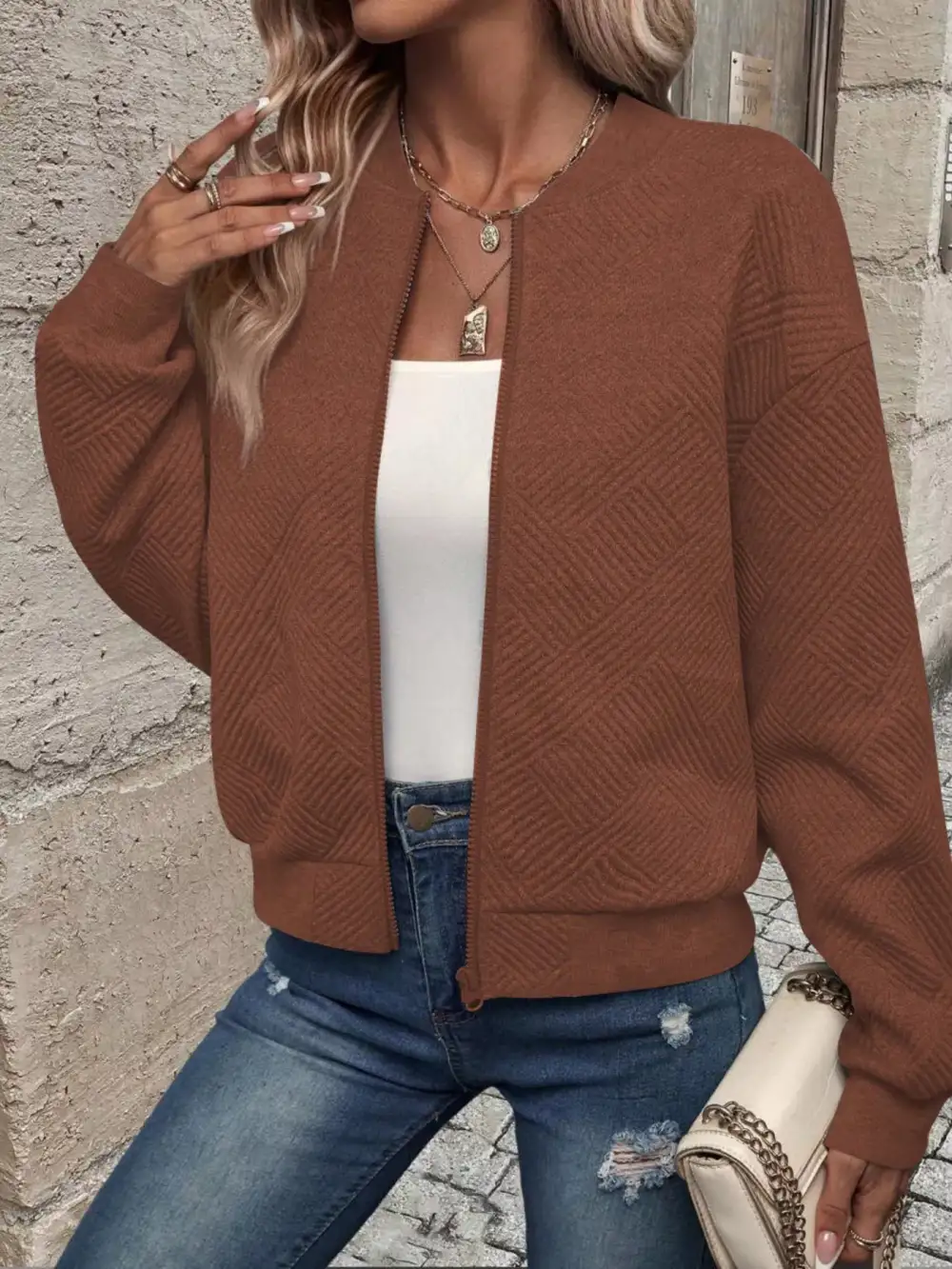Texture Zip-Up Bomber Jacket