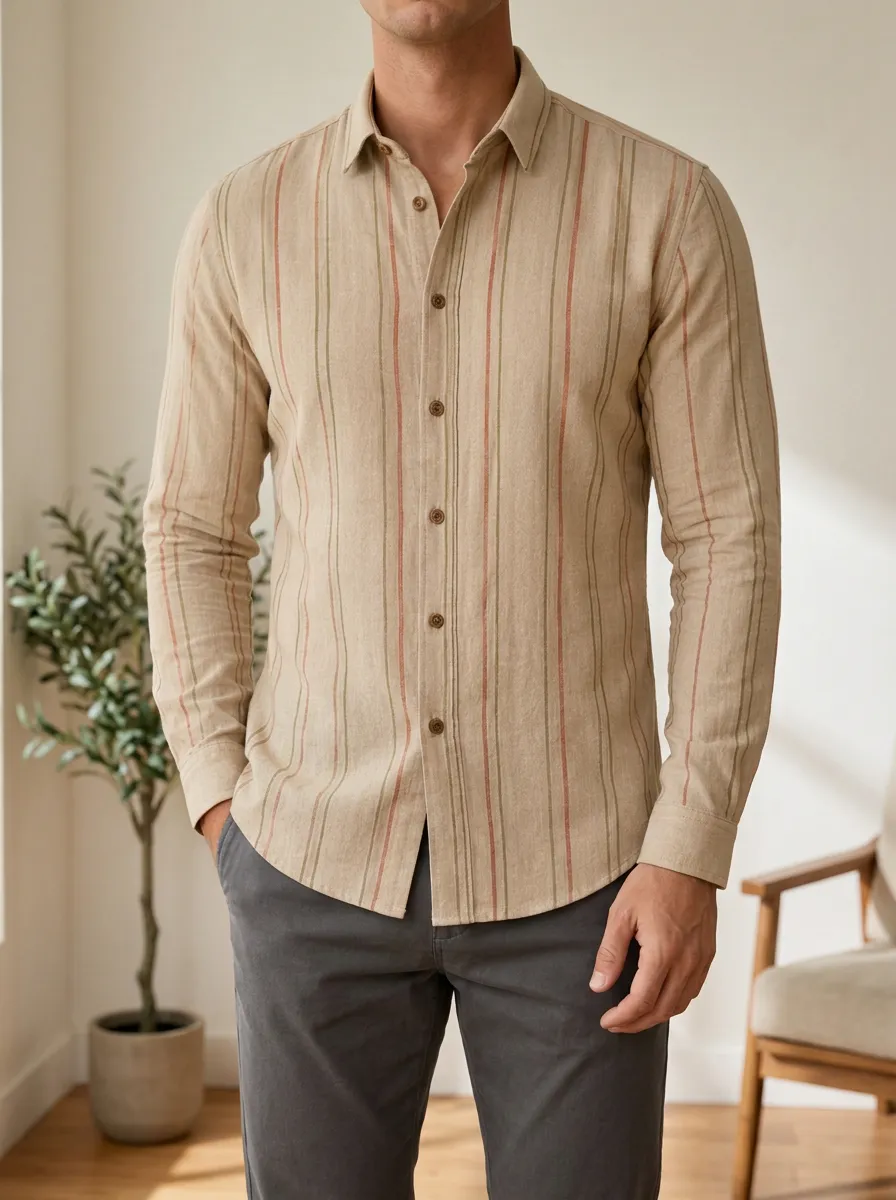Men's Casual Style Beige Vertical Striped Printed Shirt