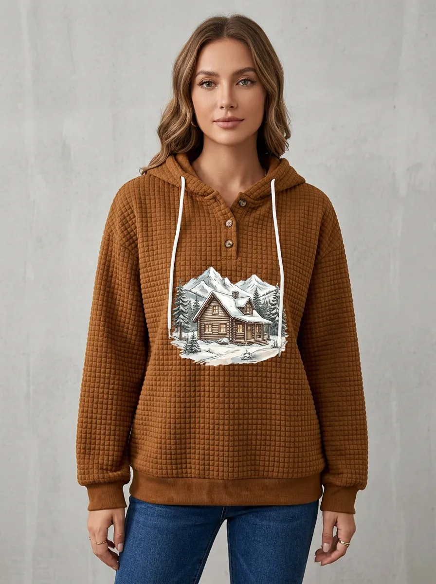 Women's Christmas Cabin Mountain Button-Placket Waffle Hoodie