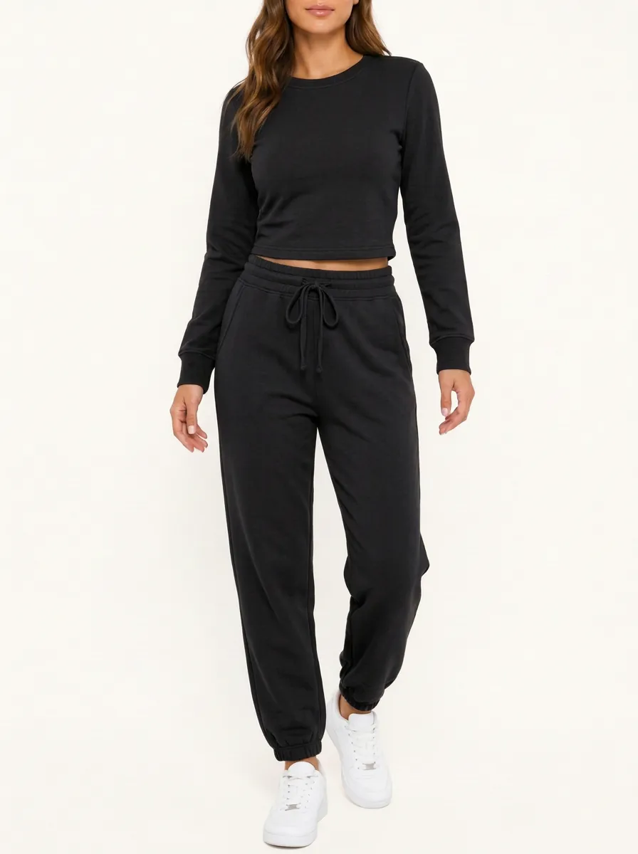 Women's Cropped Crewneck Elastic-Cuff Jogger Set