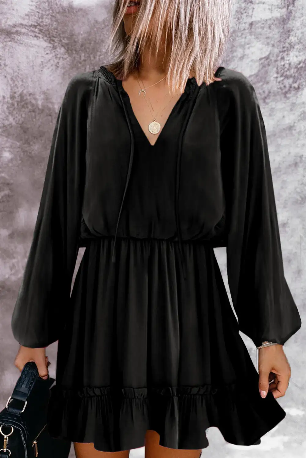 Bubble Sleeve Split Neck Ruffle Tunic Dress