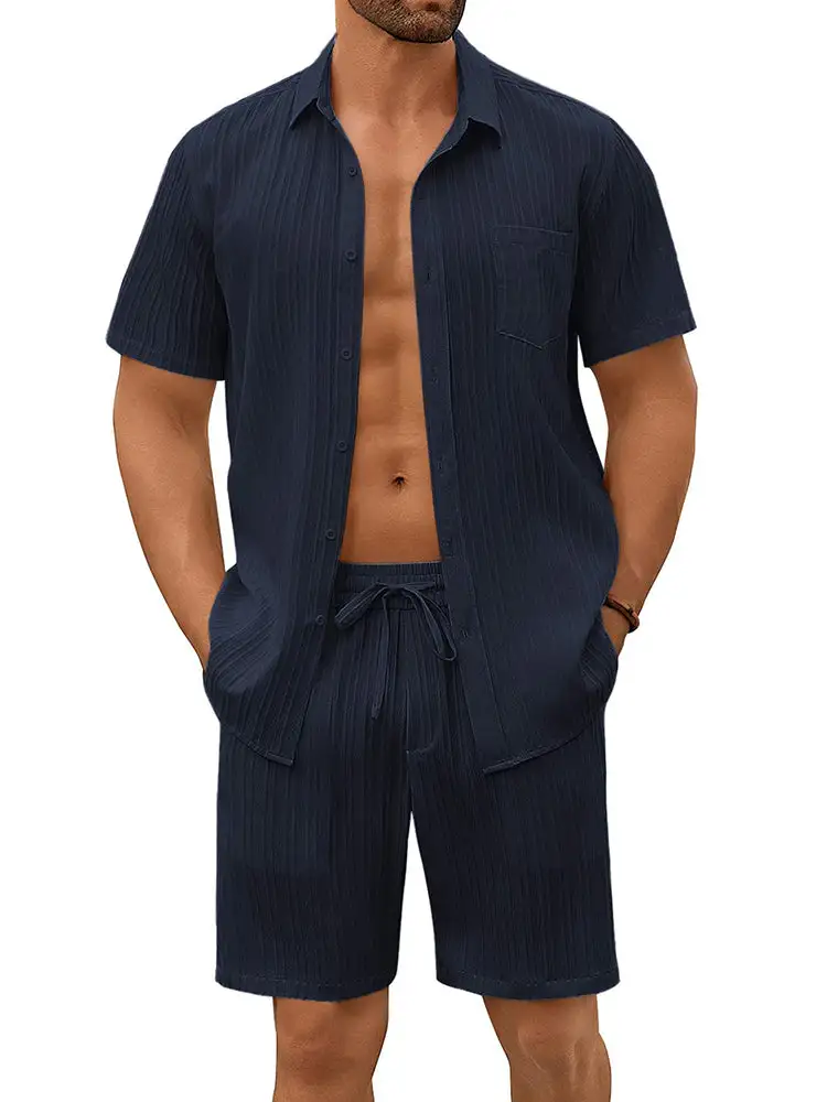 Casual Textured Shirt Shorts Vacation Set