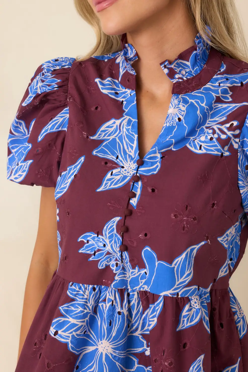 Button-Front Short-Sleeve Puff-Sleeve Scalloped Top