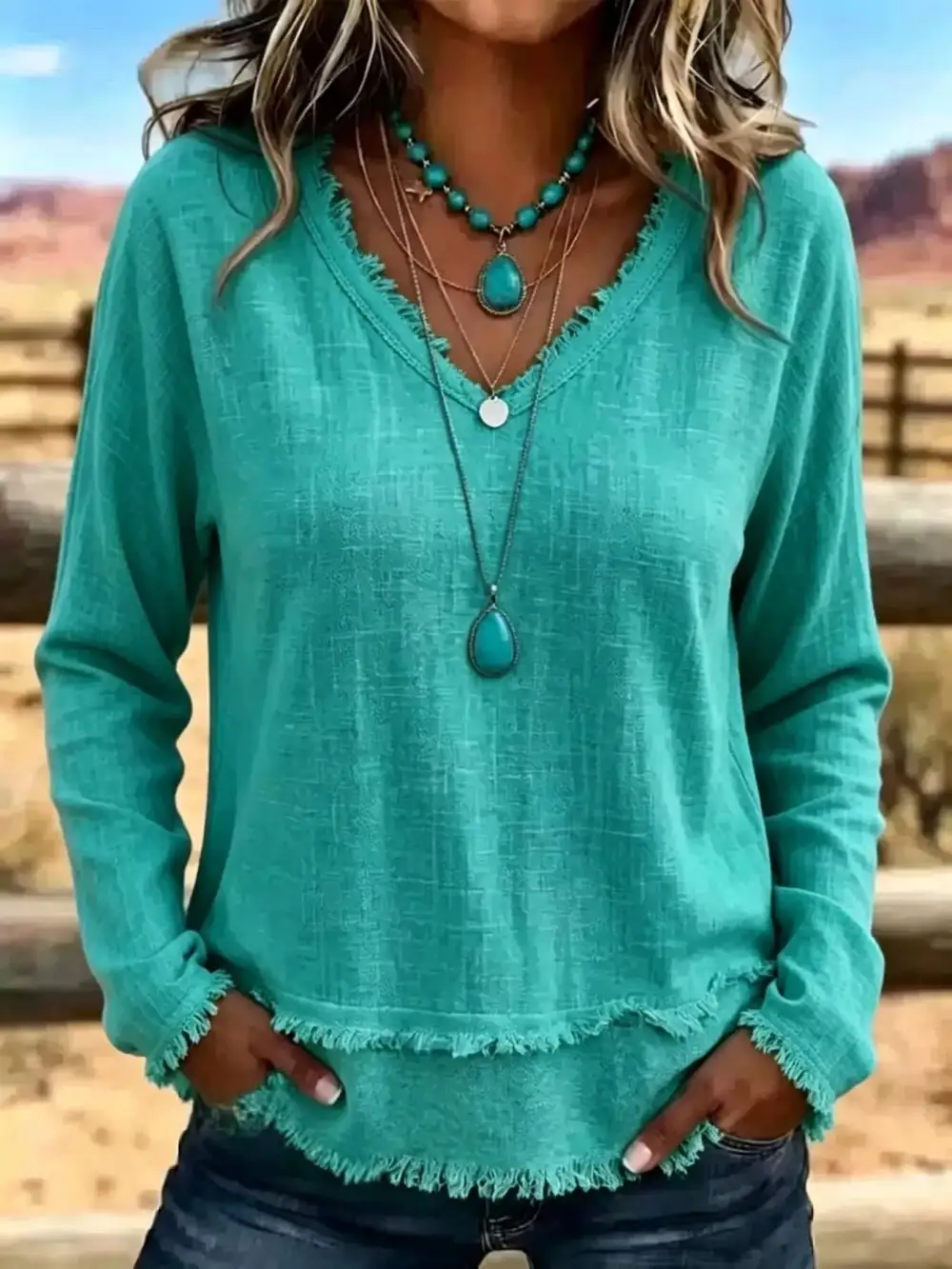 Long Sleeve V-Neck Frayed Hem Blouse