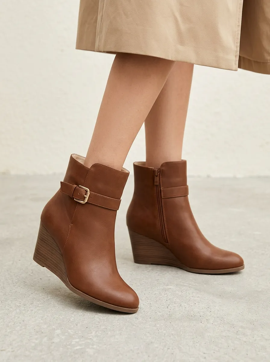 Buckle-Strap Buckle-Detail Leather-Look Women's Wedge Ankle Boots