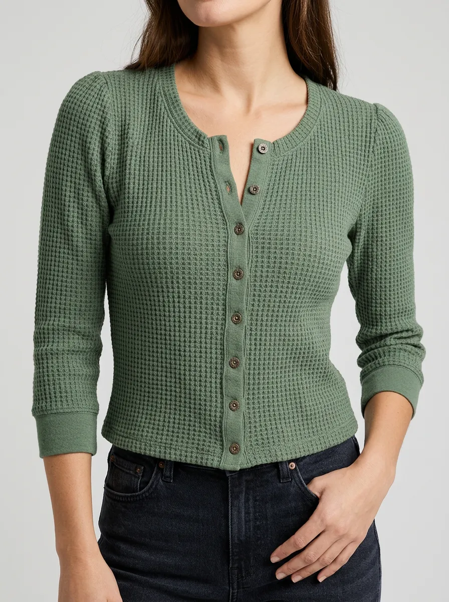 Textured Casual Waffle Knit Button Down Henley Top