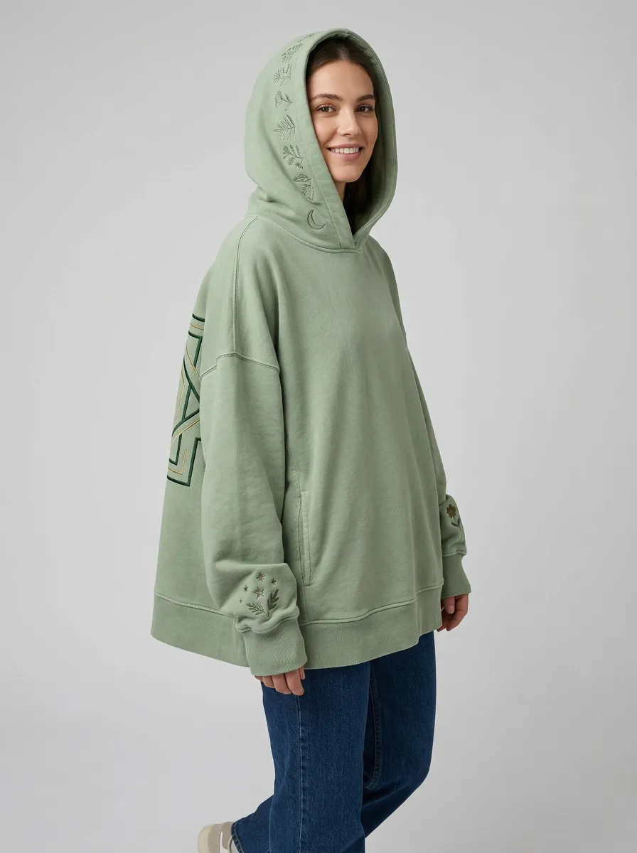 Women's Botanical Celestial Moon Star Embroidered Graphic Leisure Hoodie