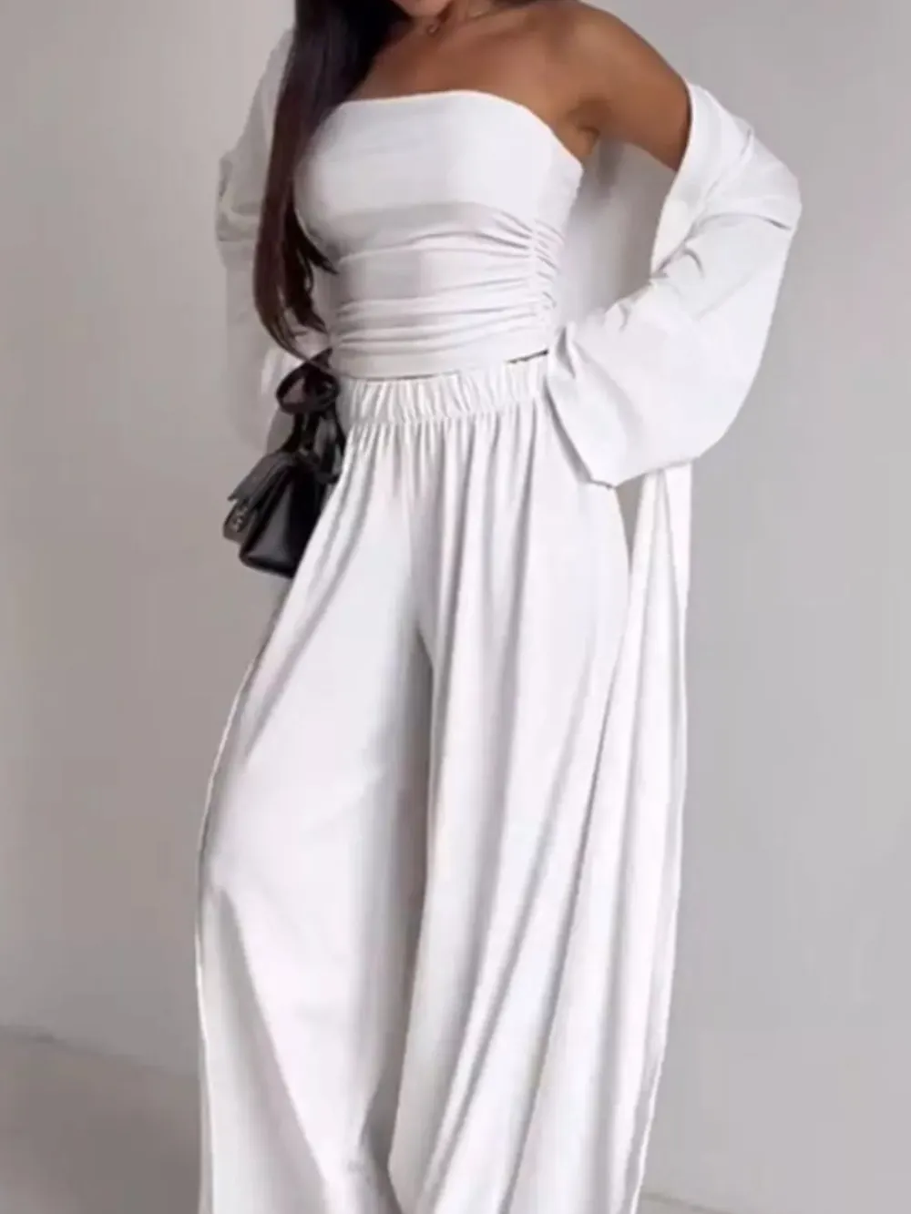 Tube Top & Cardigan & Wide Leg Pants Piece