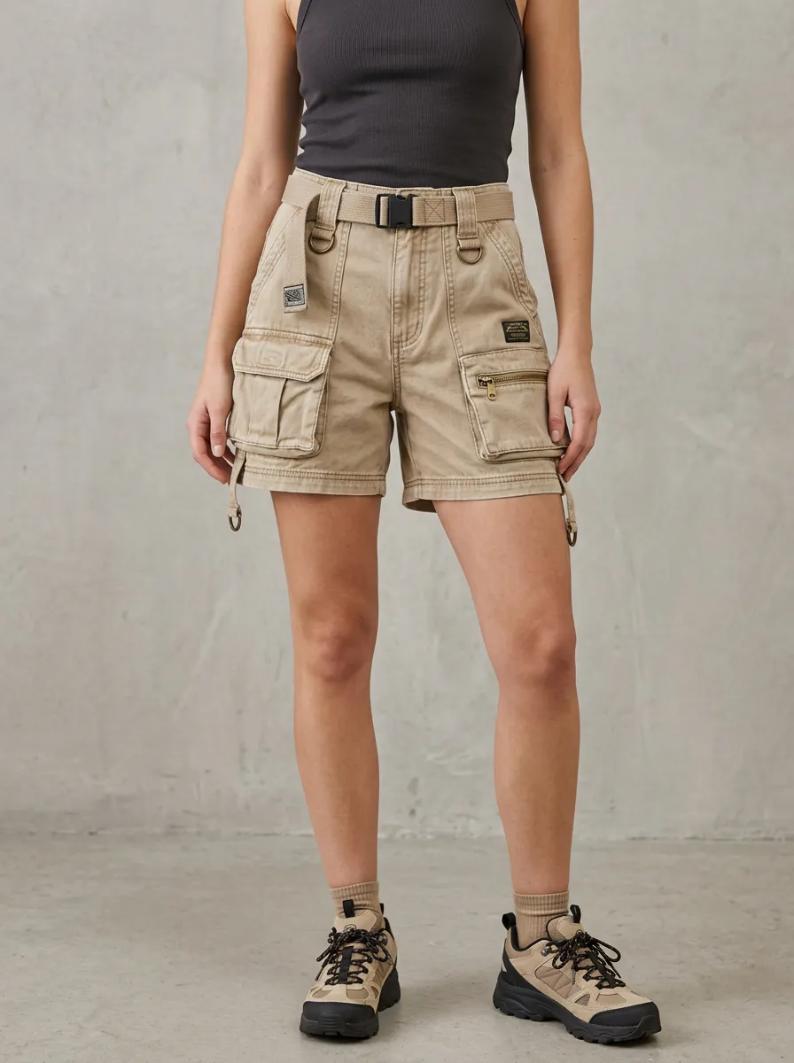 Women's Outdoor Utility Multi-pocket Belted Cargo Shorts
