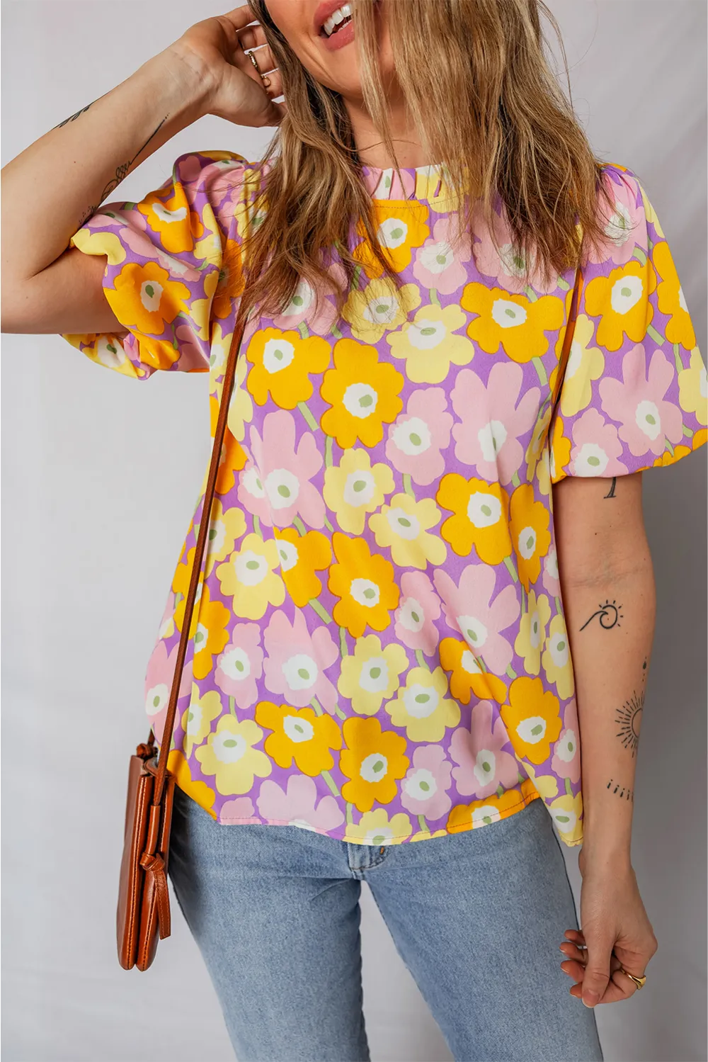 Purple Frilled Neck Puff Short Sleeve Top