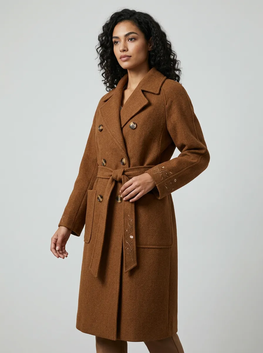 Women's Floral Embroidered Brown Double-Breasted Wool Coat