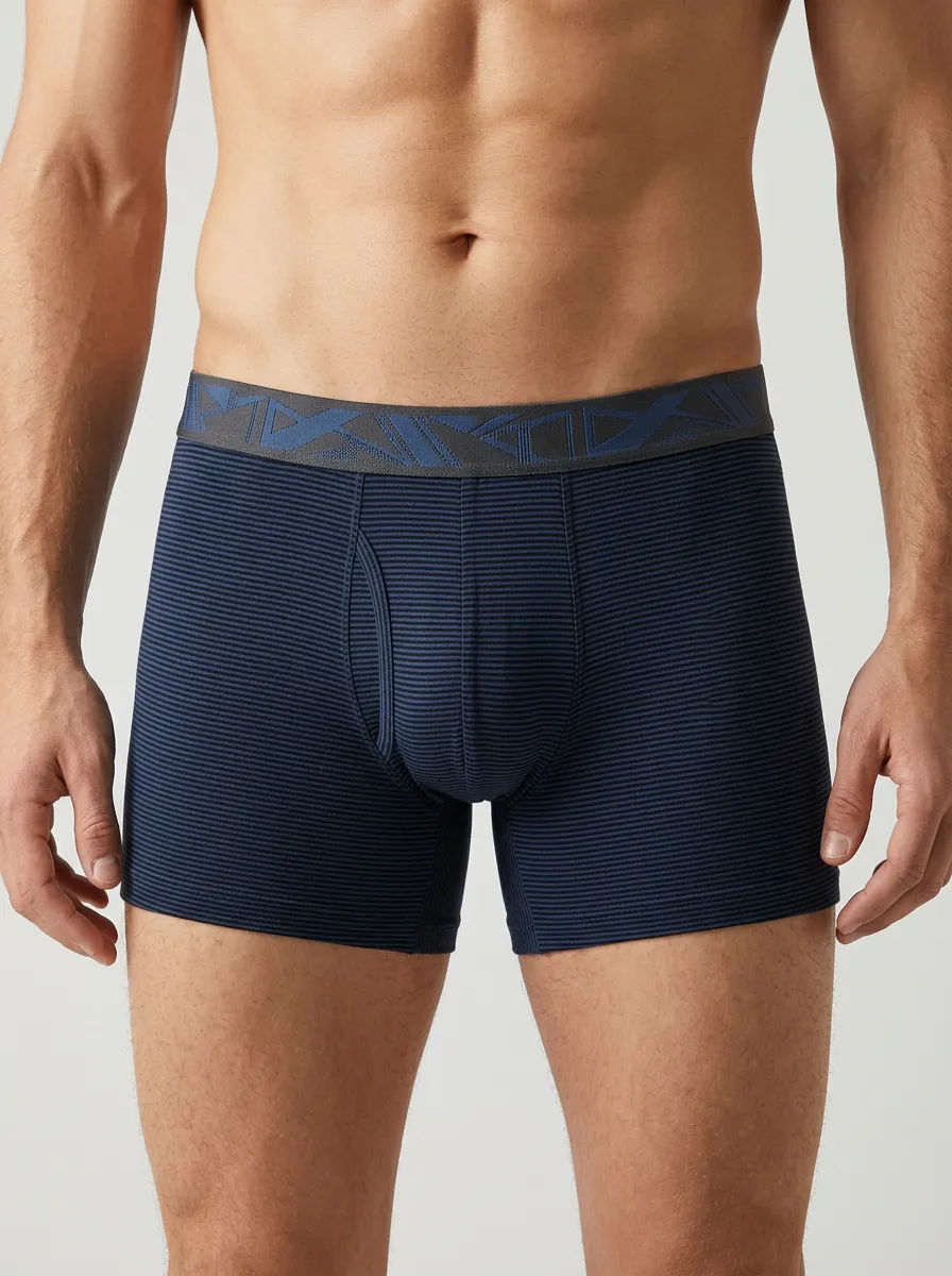 Men's Navy Blue Striped Pattern Elastic Waistband Printed Boxer Briefs