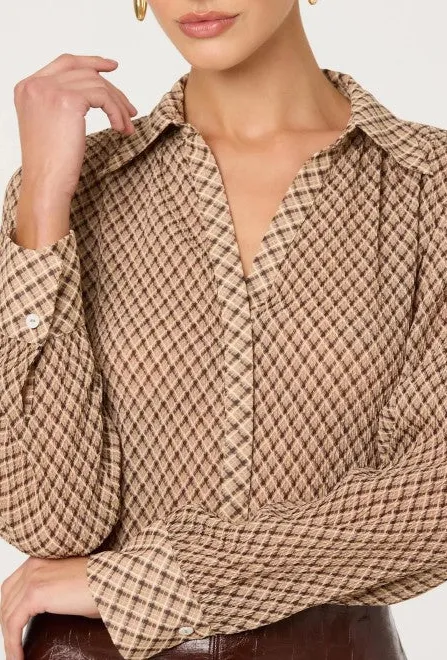 Women's Beige Diamond Print Long Sleeve Top