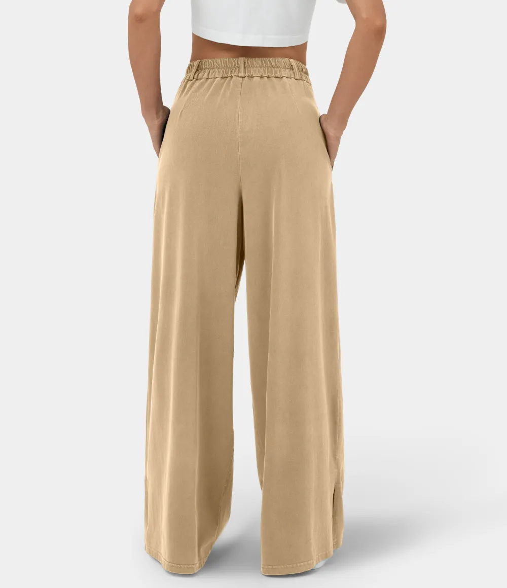 High Waisted Button Zipper Plicated Side Pocket Split Hem Wide Leg Casual Pants