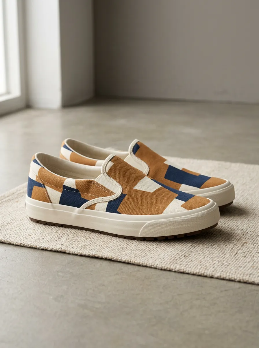 Men's Geometric Pattern Brown Blue Printed Canvas Shoes