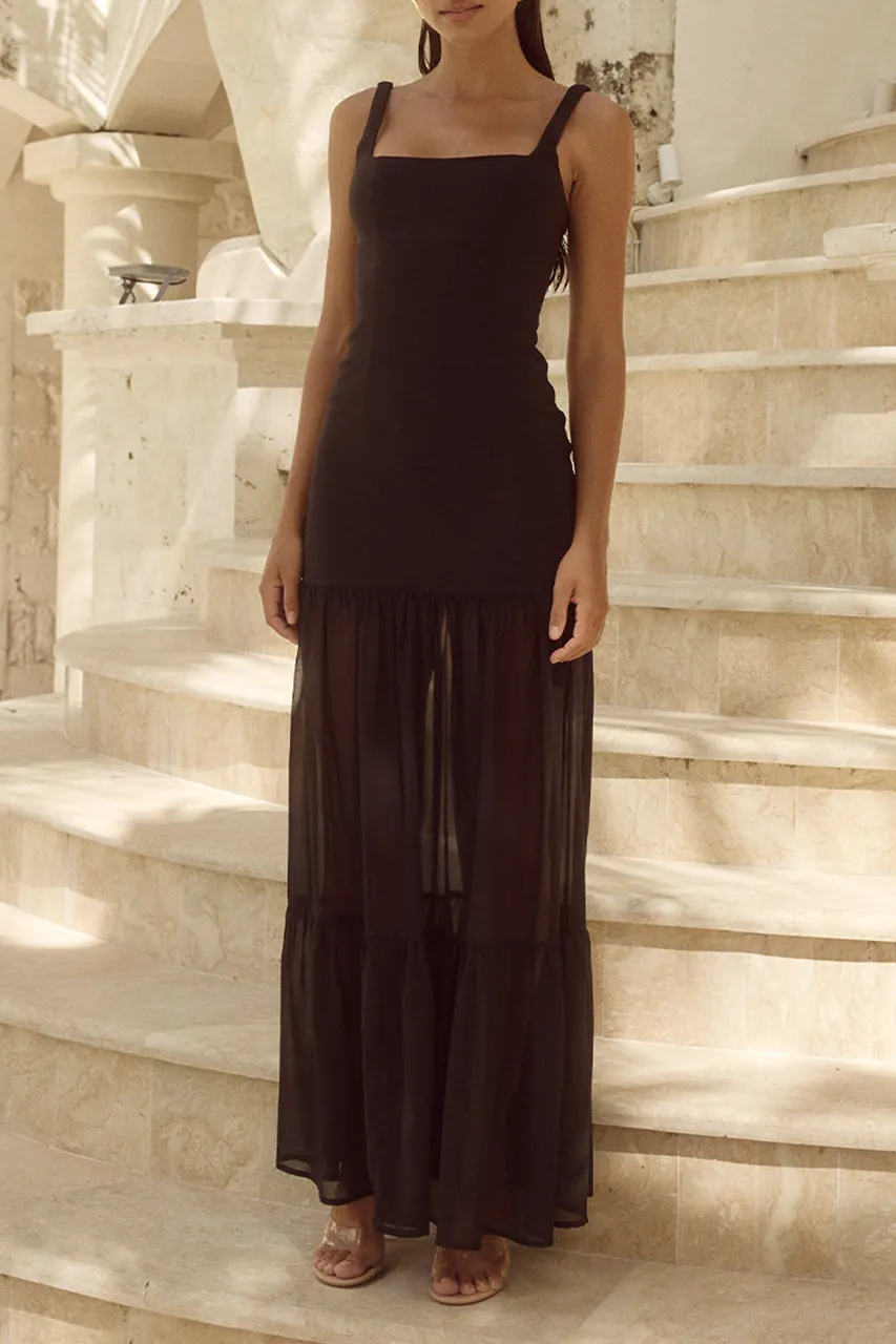 Square Neck Sheer Hem Maxi Dress