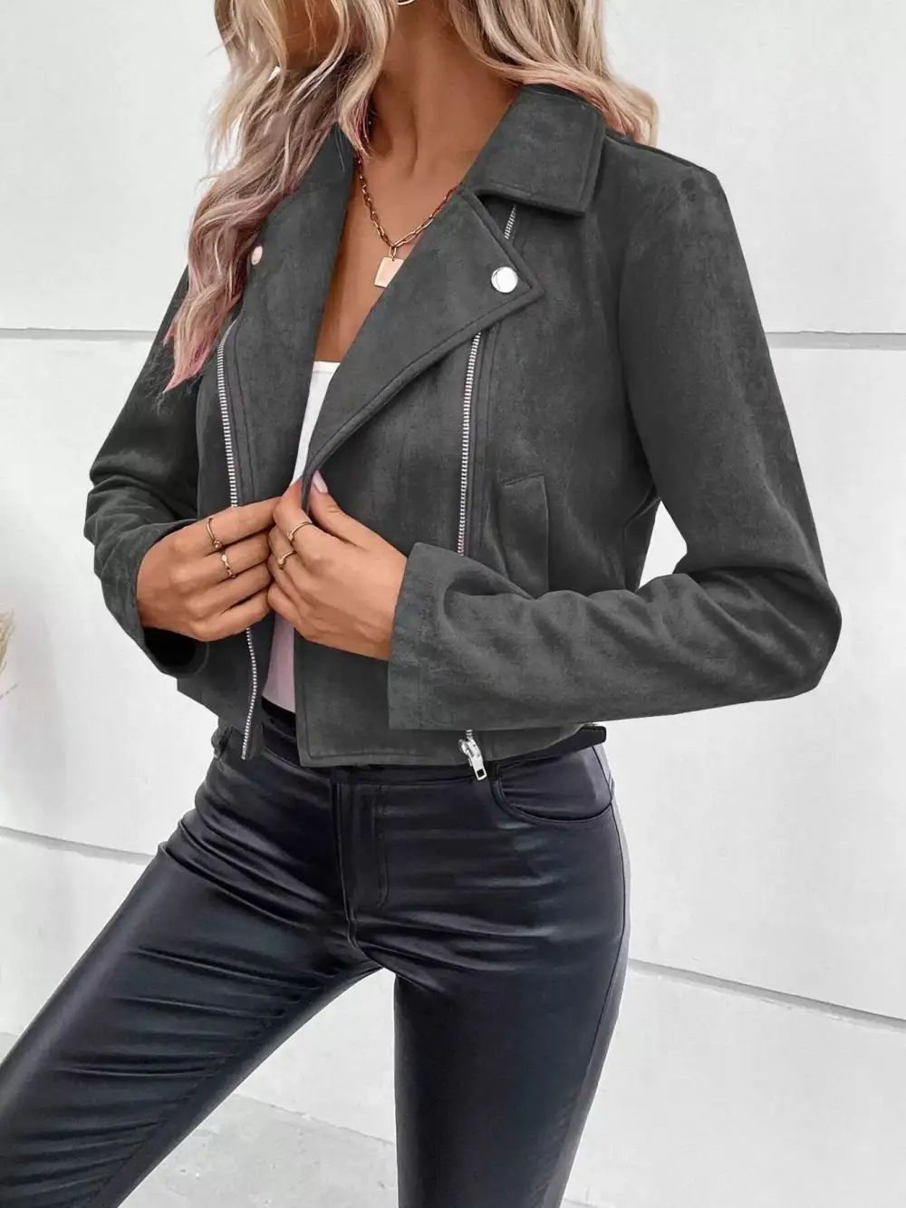 Suede Moto Jacket With Zip Detail