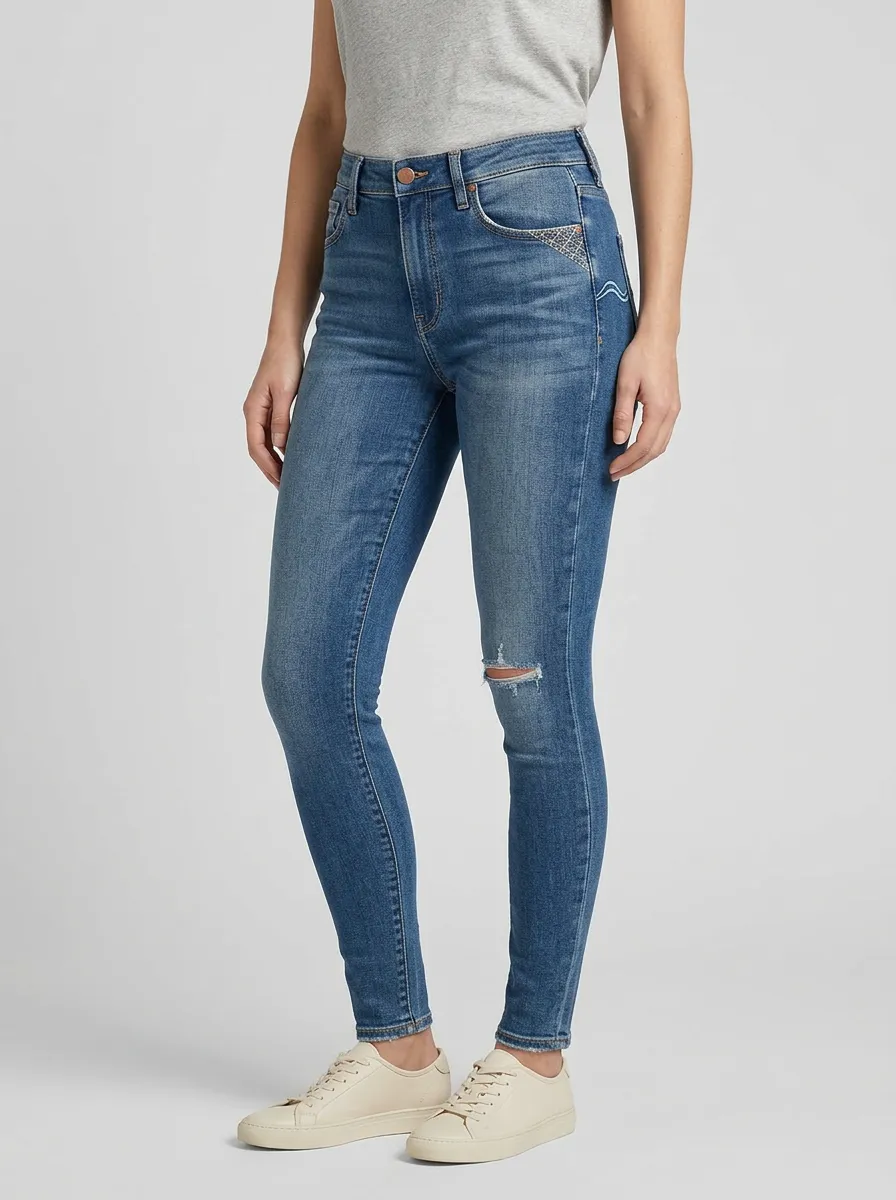 Women's Distressed Geometric Pocket Detail Printed Slim Jeans