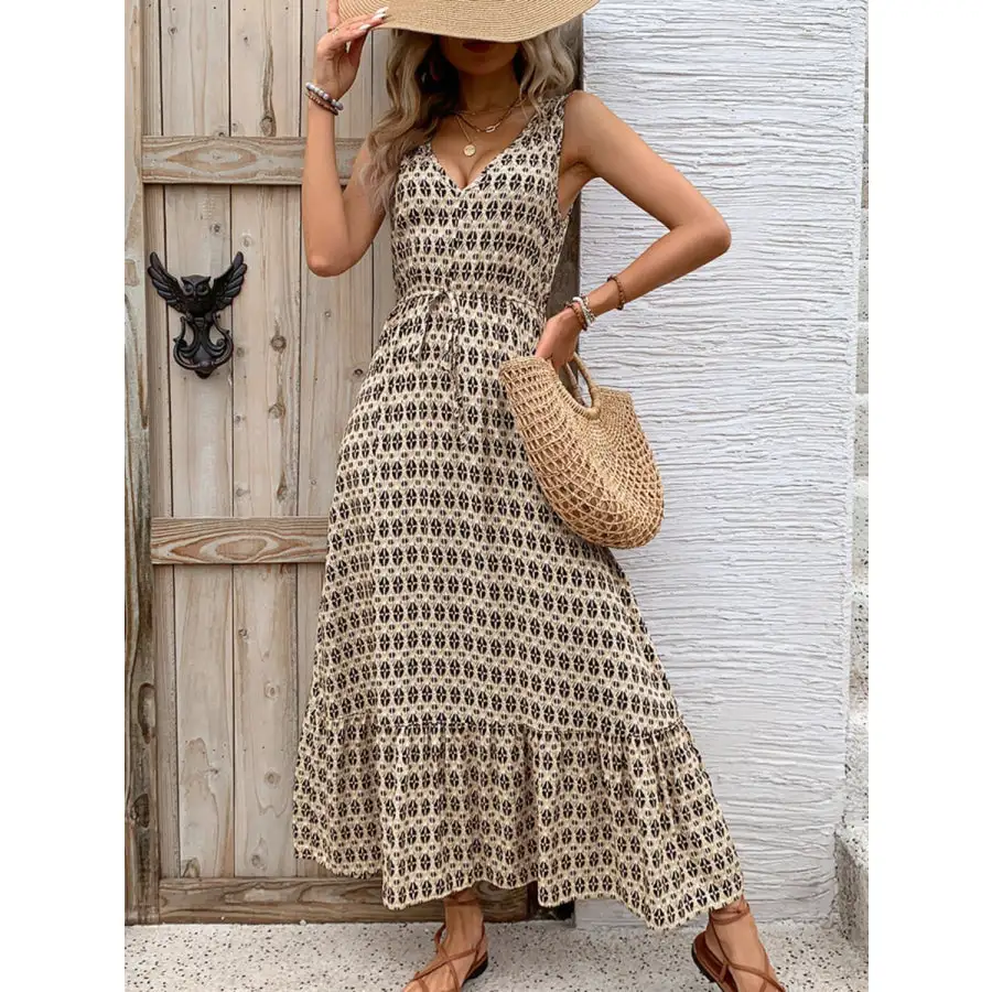 Printed V-neck Tie Waist Midi Dress
