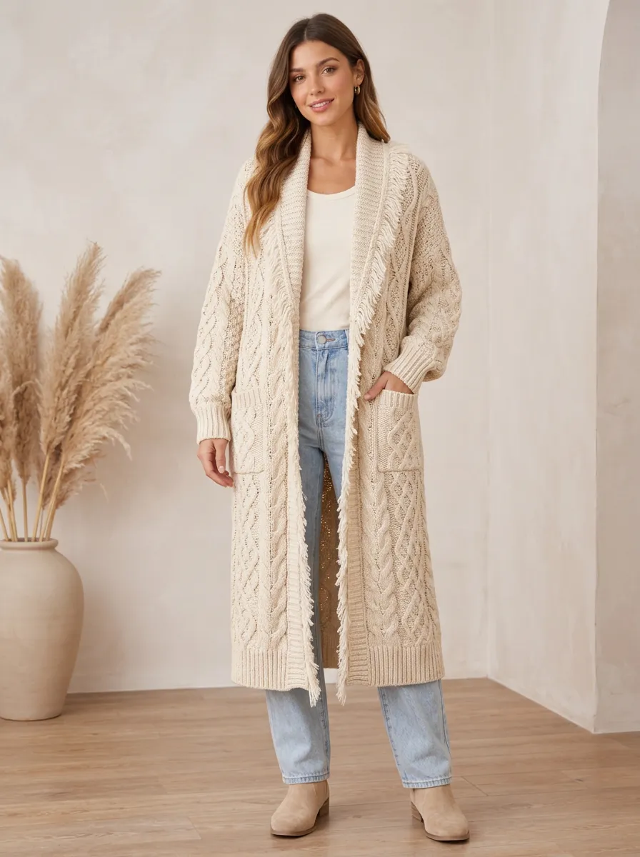 Women's Boho Style Beige Cable Knit Fringed Long Cardigan