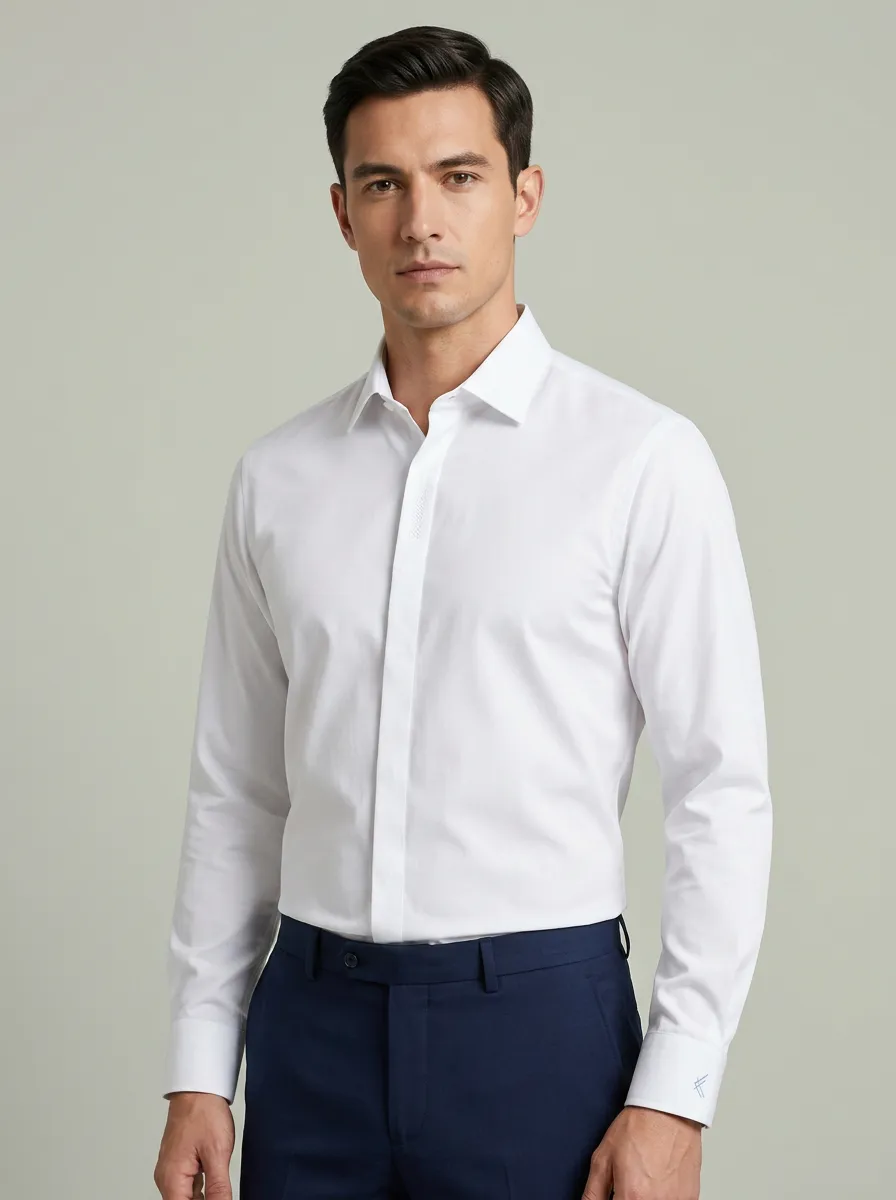 Men's Non-Iron Cotton Solid White Formal Dress Shirt