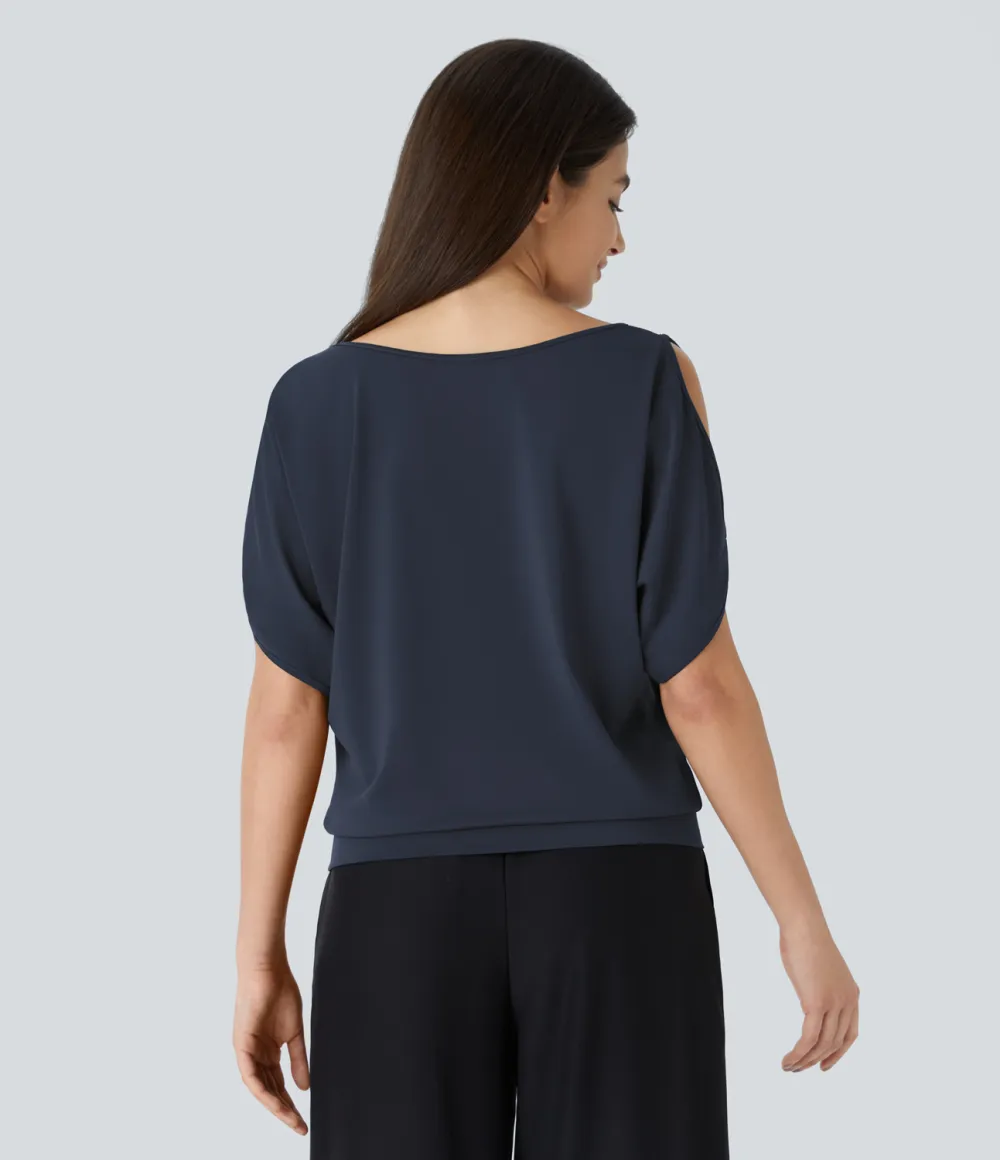 Boat Neck Short Sleeve Cut Out Casual T-Shirt