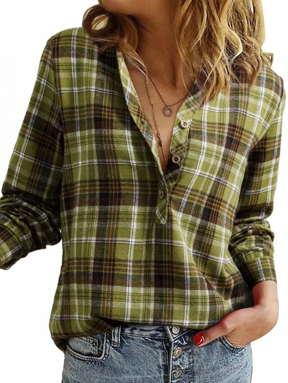 V Neck Plaid Button Shirt