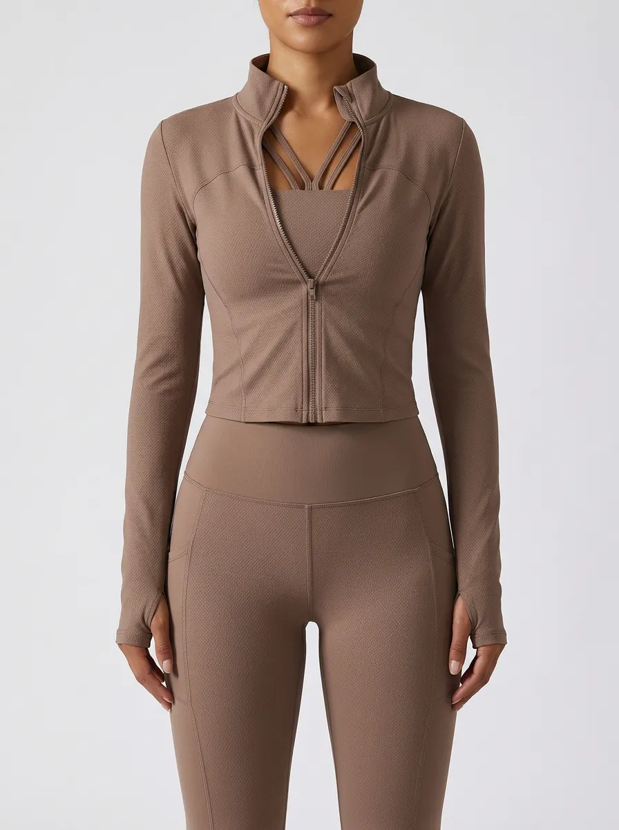 Urban Textured Detail Zip Detail Finish Women's Three Piece Activewear Set