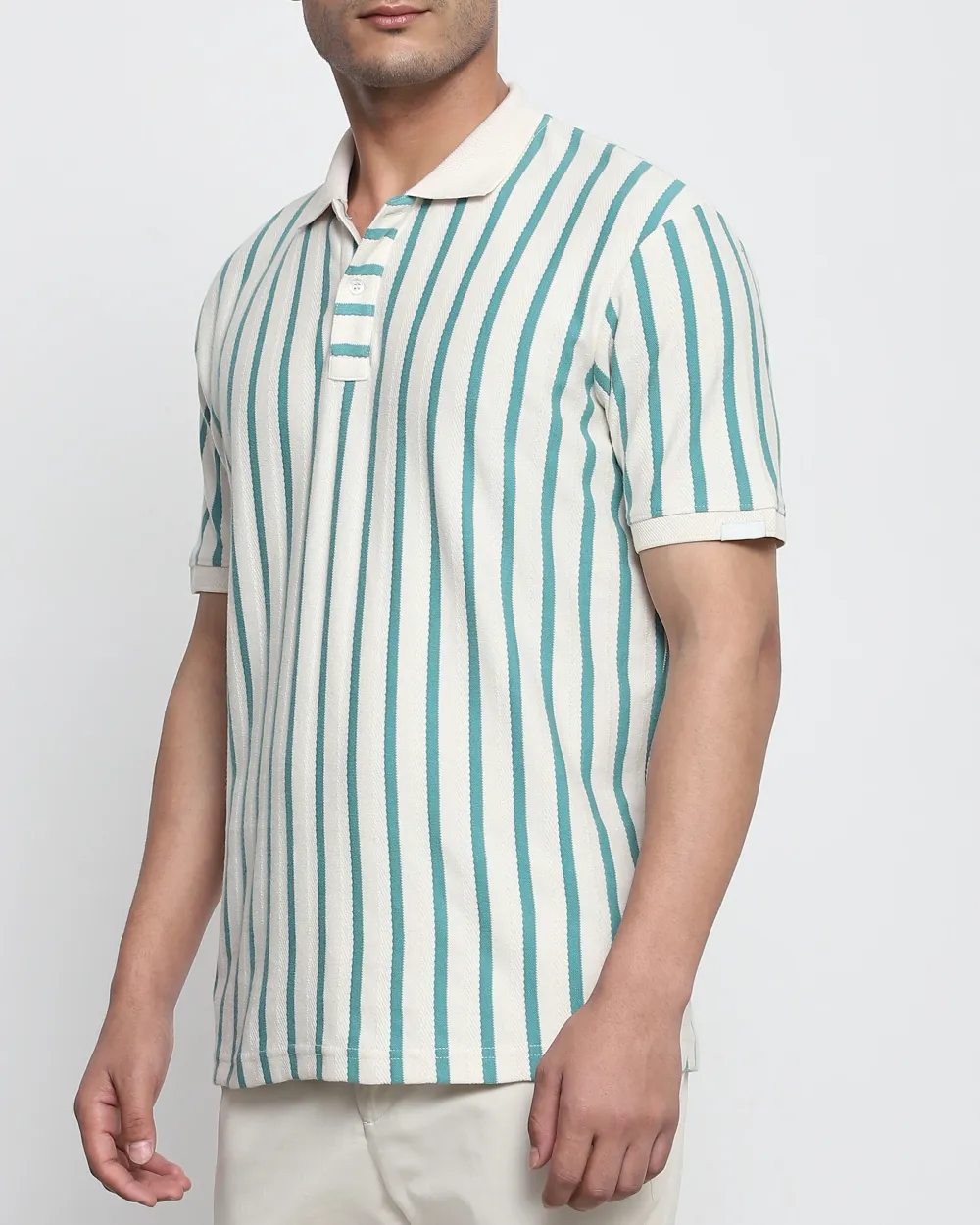 Teal Striped Textured Polo Shirt