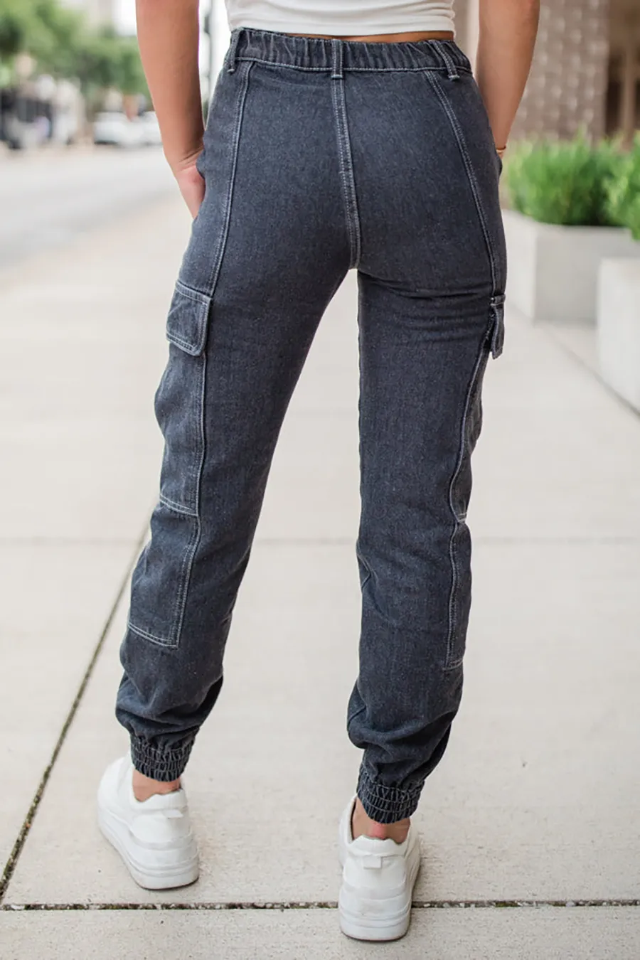 Cotton Washed Black Cargo Style Jeans