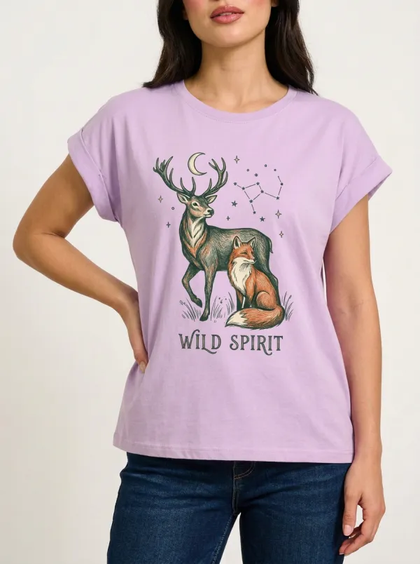 Women's Nature Wild Spirit Deer Fox Constellation Graphic T-Shirt