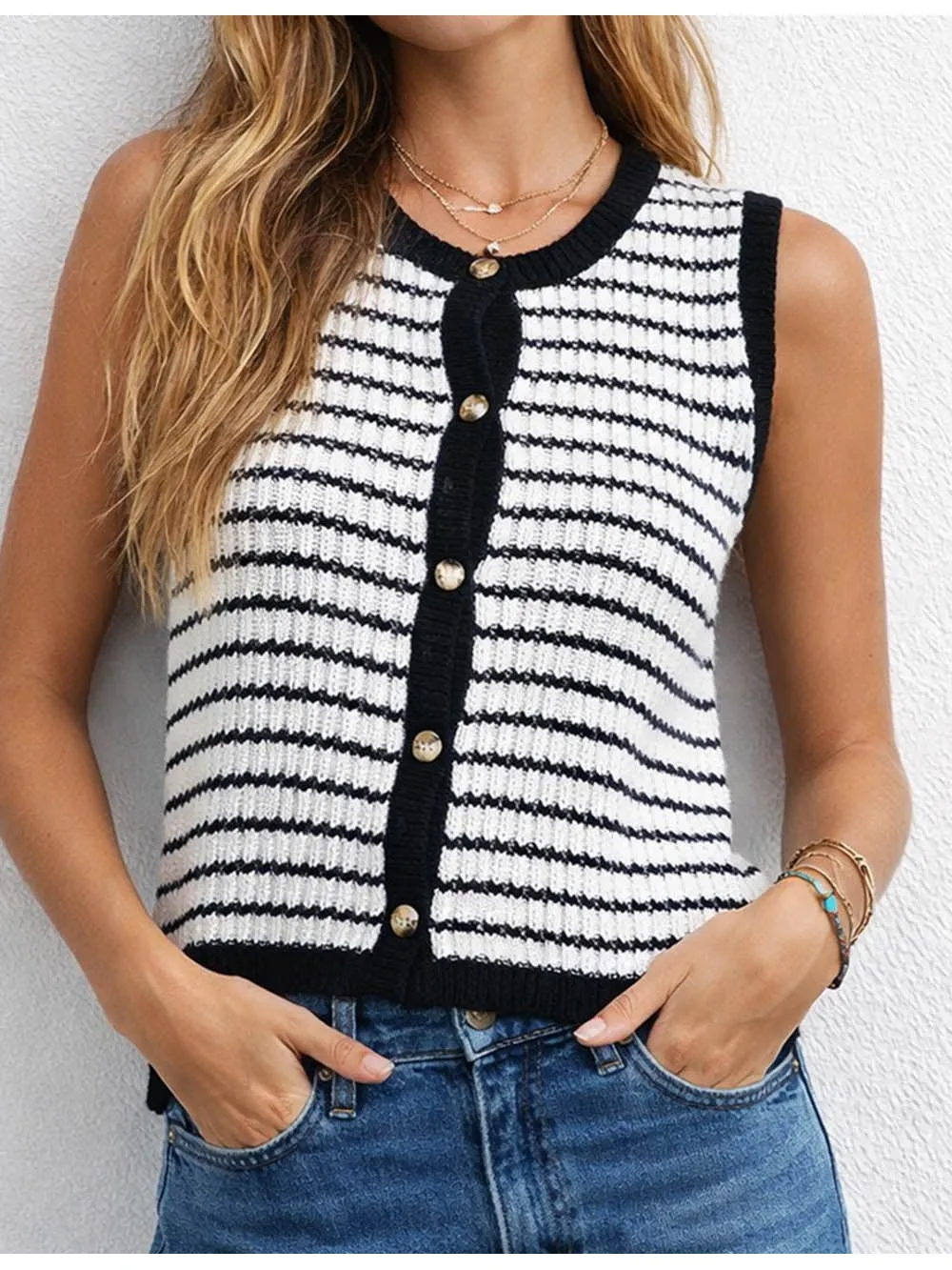 Chic Knit Round Neck Button Front Vest Top