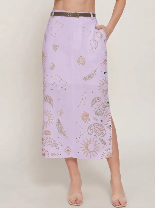 Women's Boho Celestial Sun Moon Feather Printed Midi Skirt