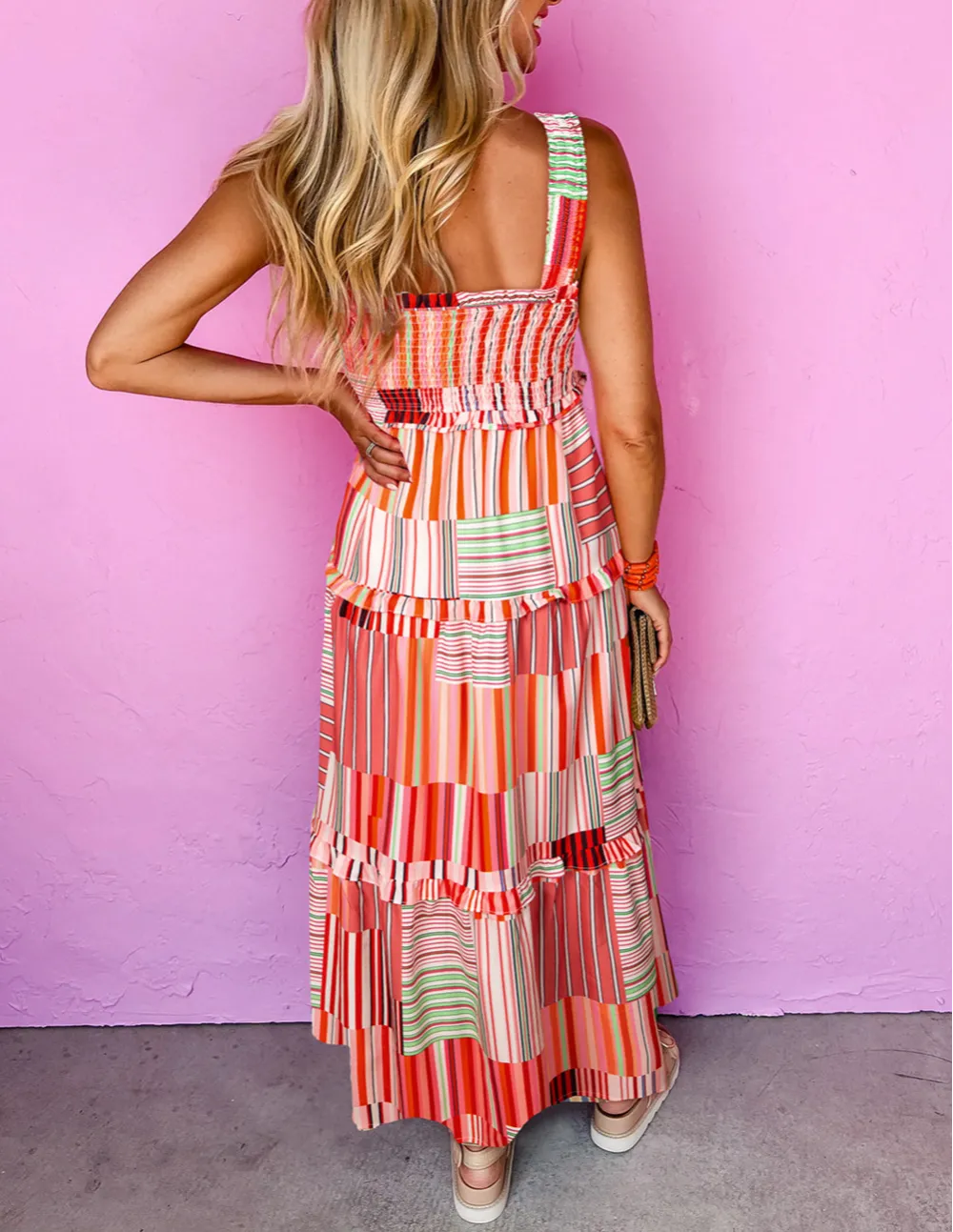 Carrot Mix Striped Wide Straps Smocked Tiered Maxi Dress