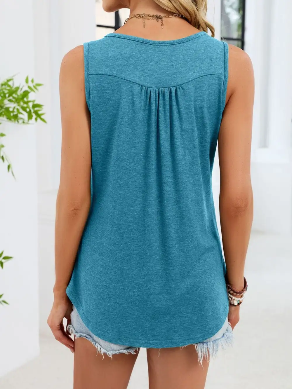 Round-Neck Buttoned Ruched Tank Top