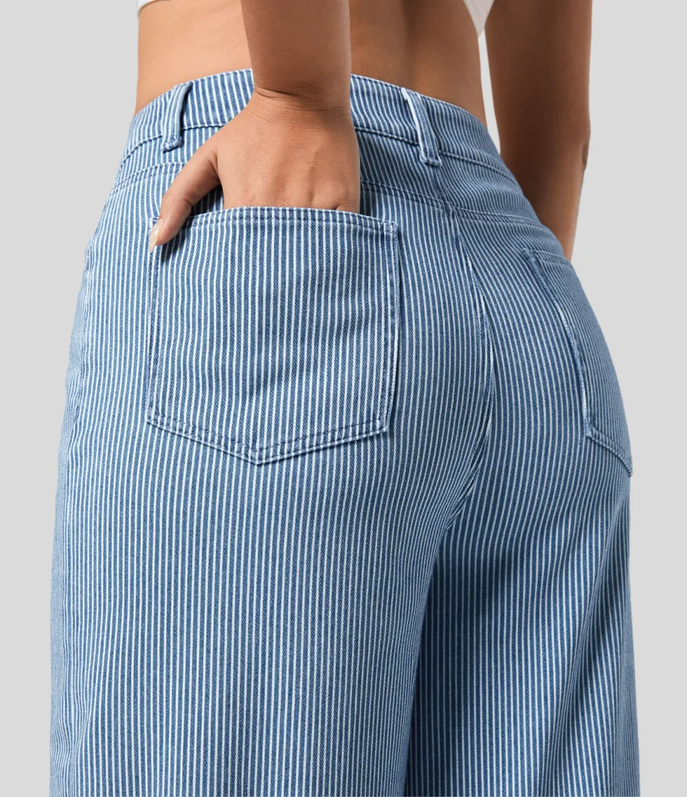 Magic Mid Rise Multiple Pockets Rolled Hem Striped Washed Stretchy Knit Casual Wide Leg Jeans