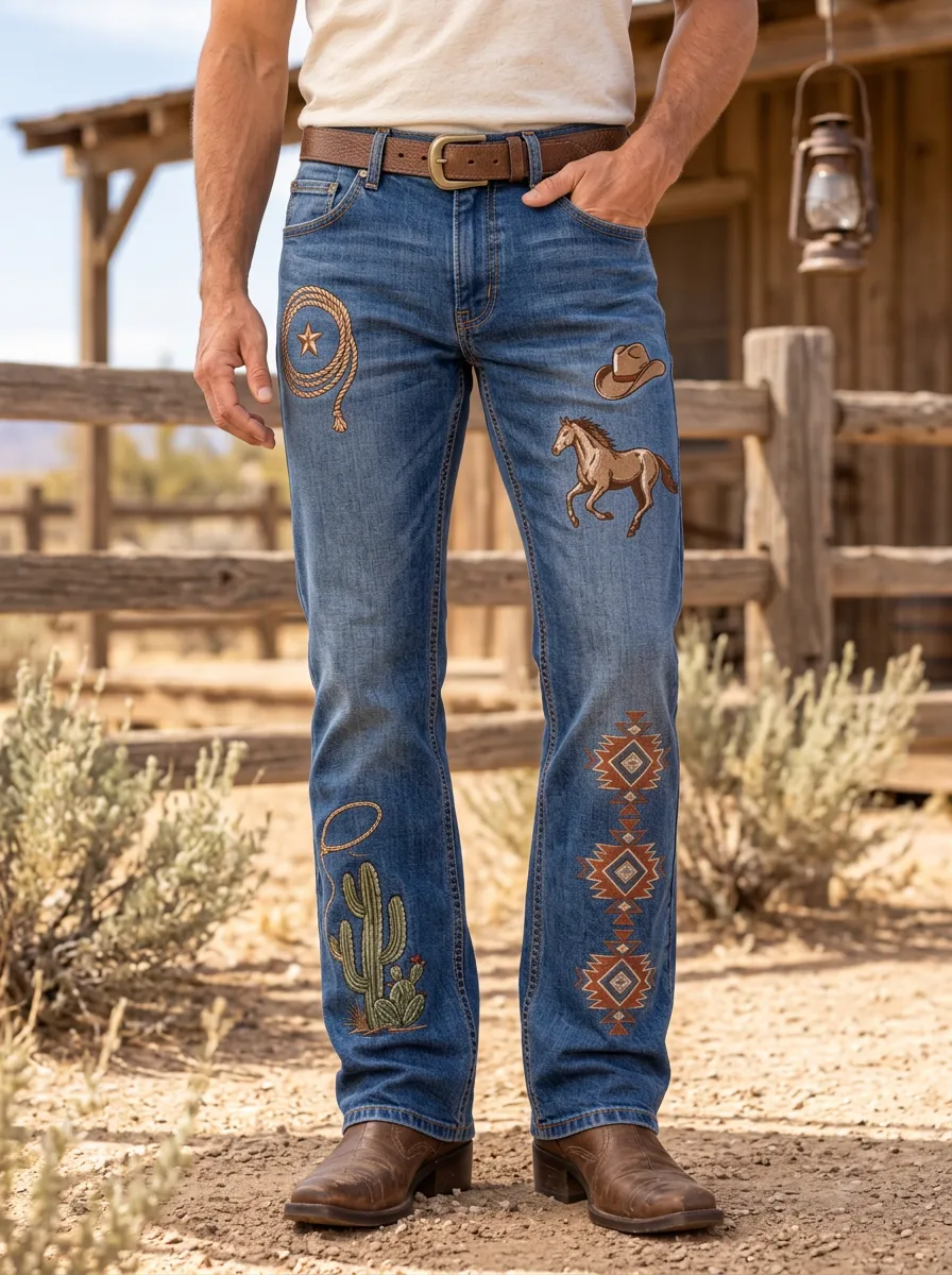 Men's Heritage Inspired Western Cowboy Horse Cactus Jeans