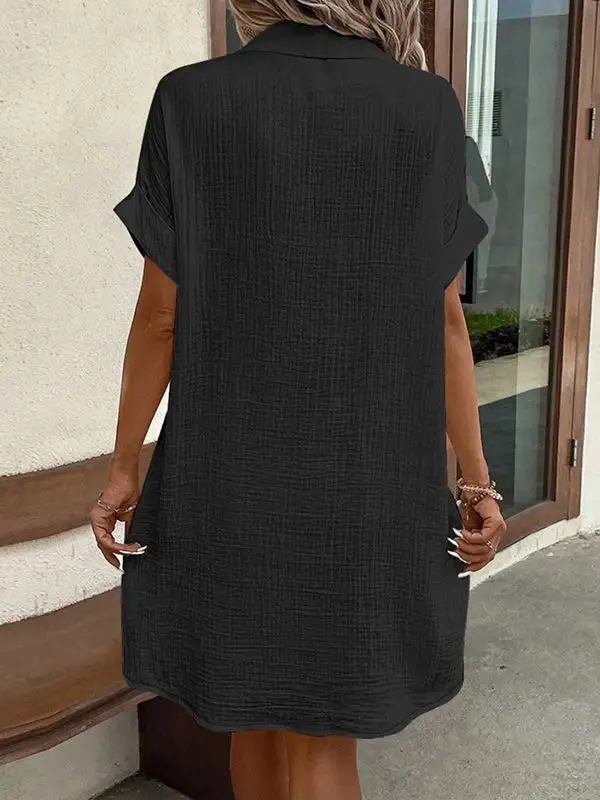 Relaxed Short Sleeve Pleated Split Joint Lapel Mini Dress Shirt Dress