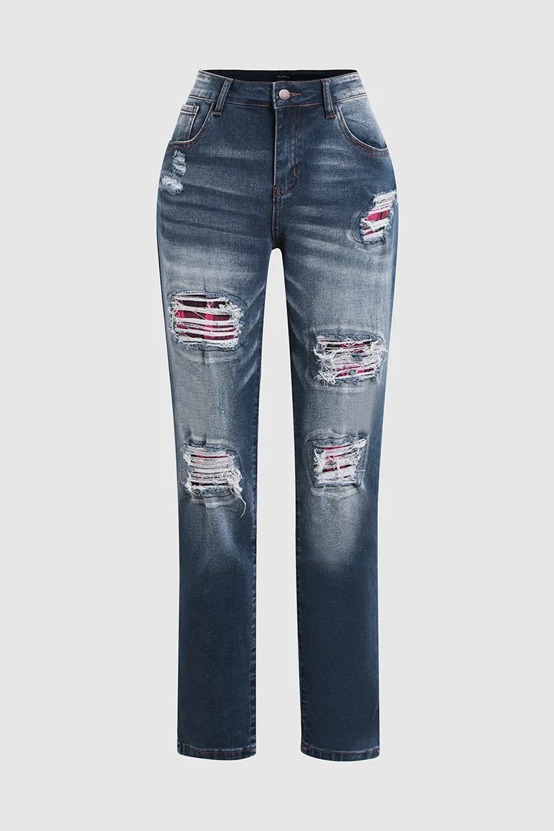 Plaid Panel Patched Mid Rise Skinny Jeans