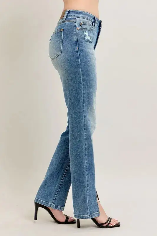 High-Waist Distressed Vintage-Wash Front-Seam Straight Leg Jeans