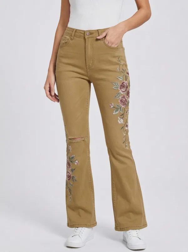 Women's Medium Wash Floral Embroidery Distressed Flare Jeans