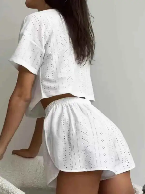 Pull On Eyelet Round Neck Top and Shorts Set