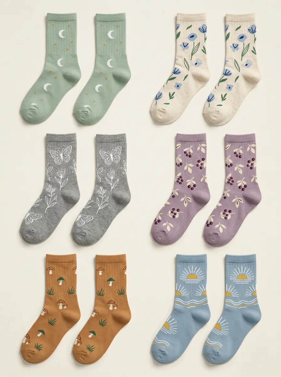 Women's Celestial Mushroom Floral Crew Socks Six Pair Set